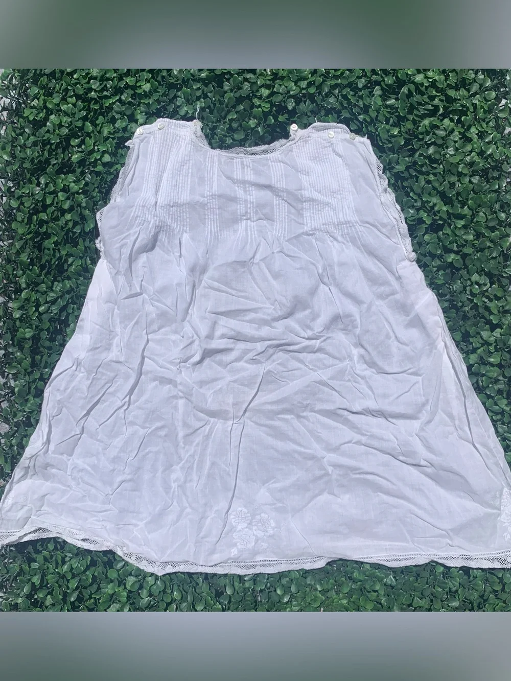 Antique baby infant white cotton sleeveless nightgown dress w/ lace & embroidery